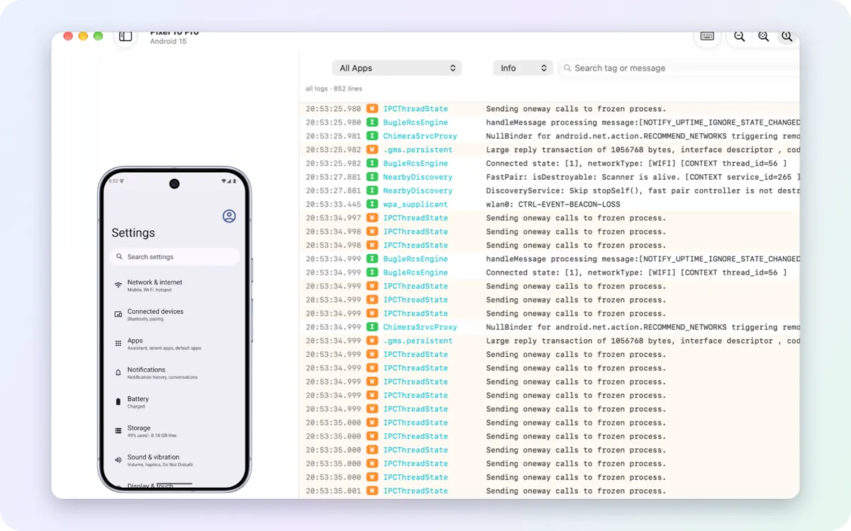 Live logs next to the device