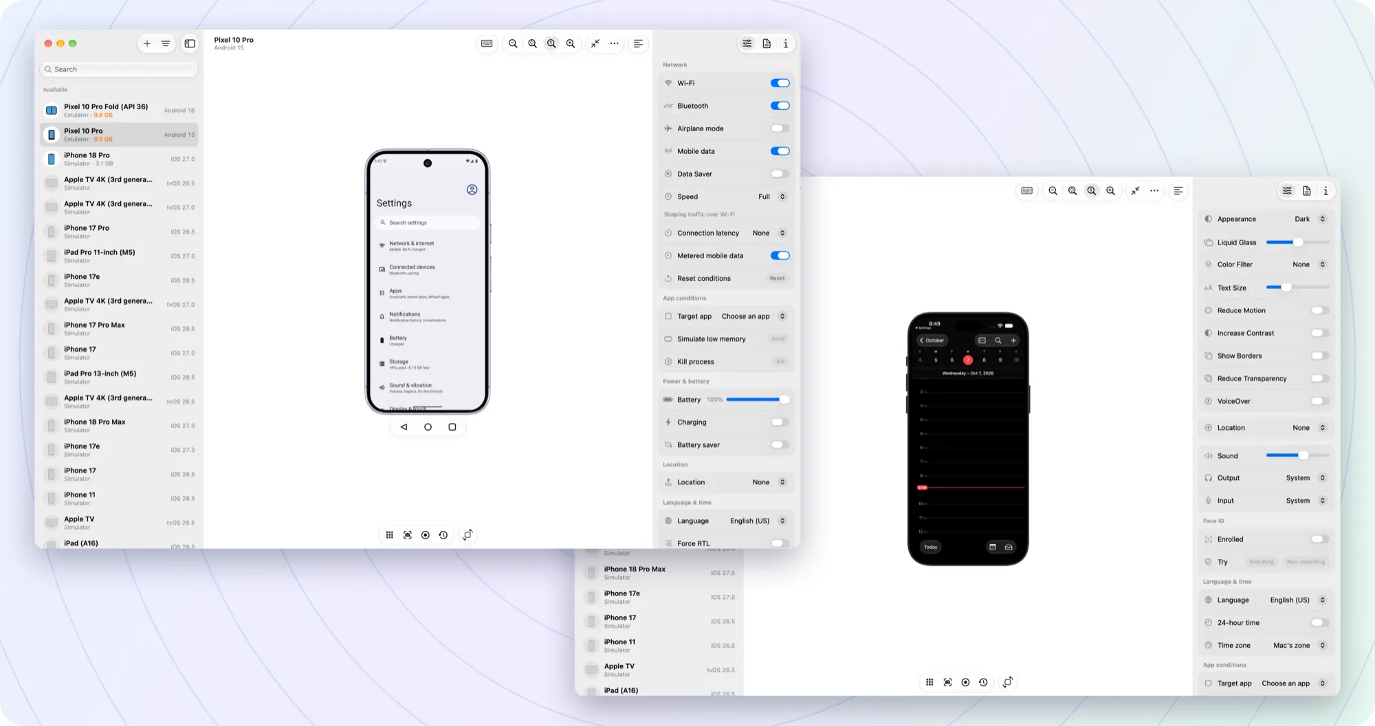 Two Device Hub Pro windows: a Pixel emulator with the Controls panel, and an iPhone simulator in dark mode